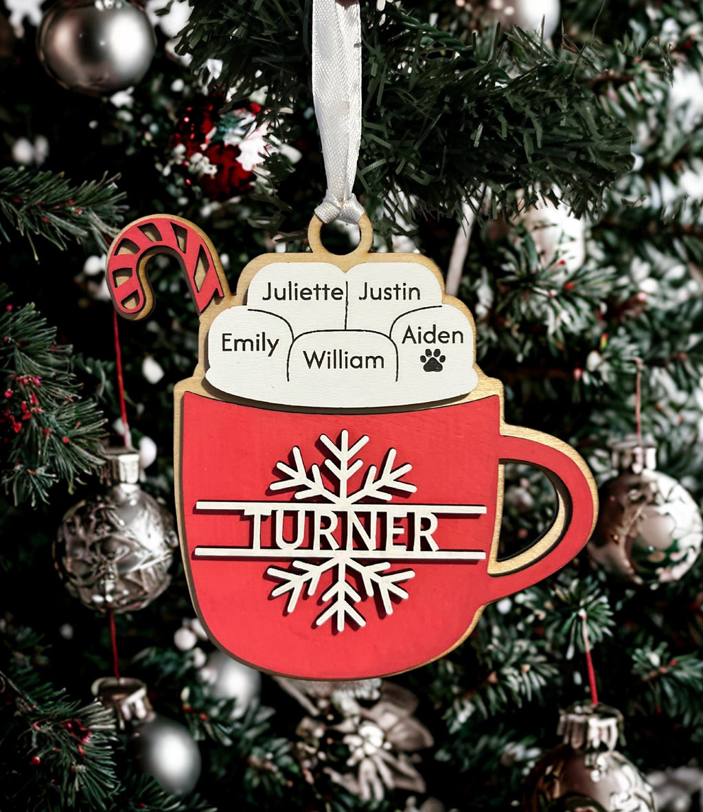 Personalized Family Hot Cocoa Wooden Ornament – Custom Names (Up to 9)