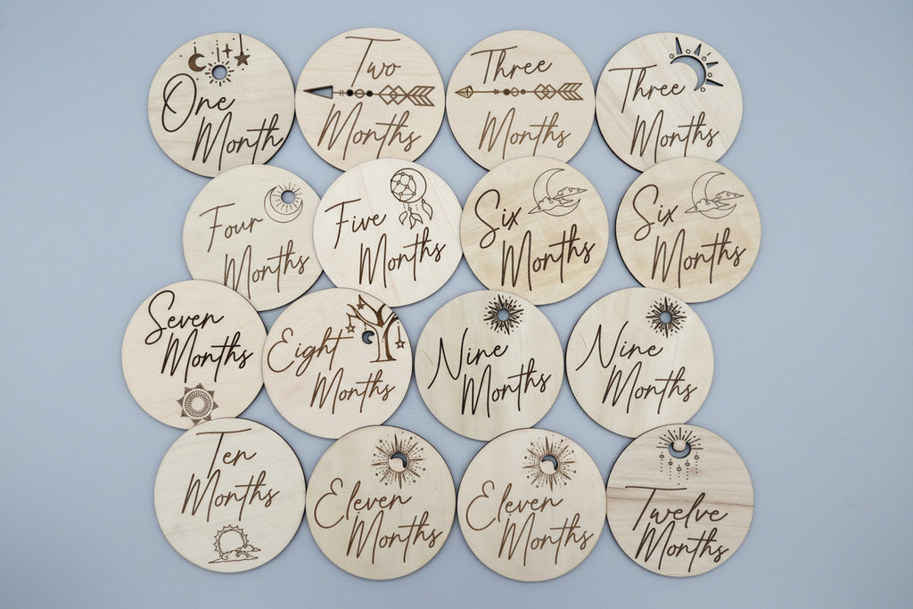 Boho Wooden Monthly Milestone Discs – Set of 12 | Baby First Year Photo Props
