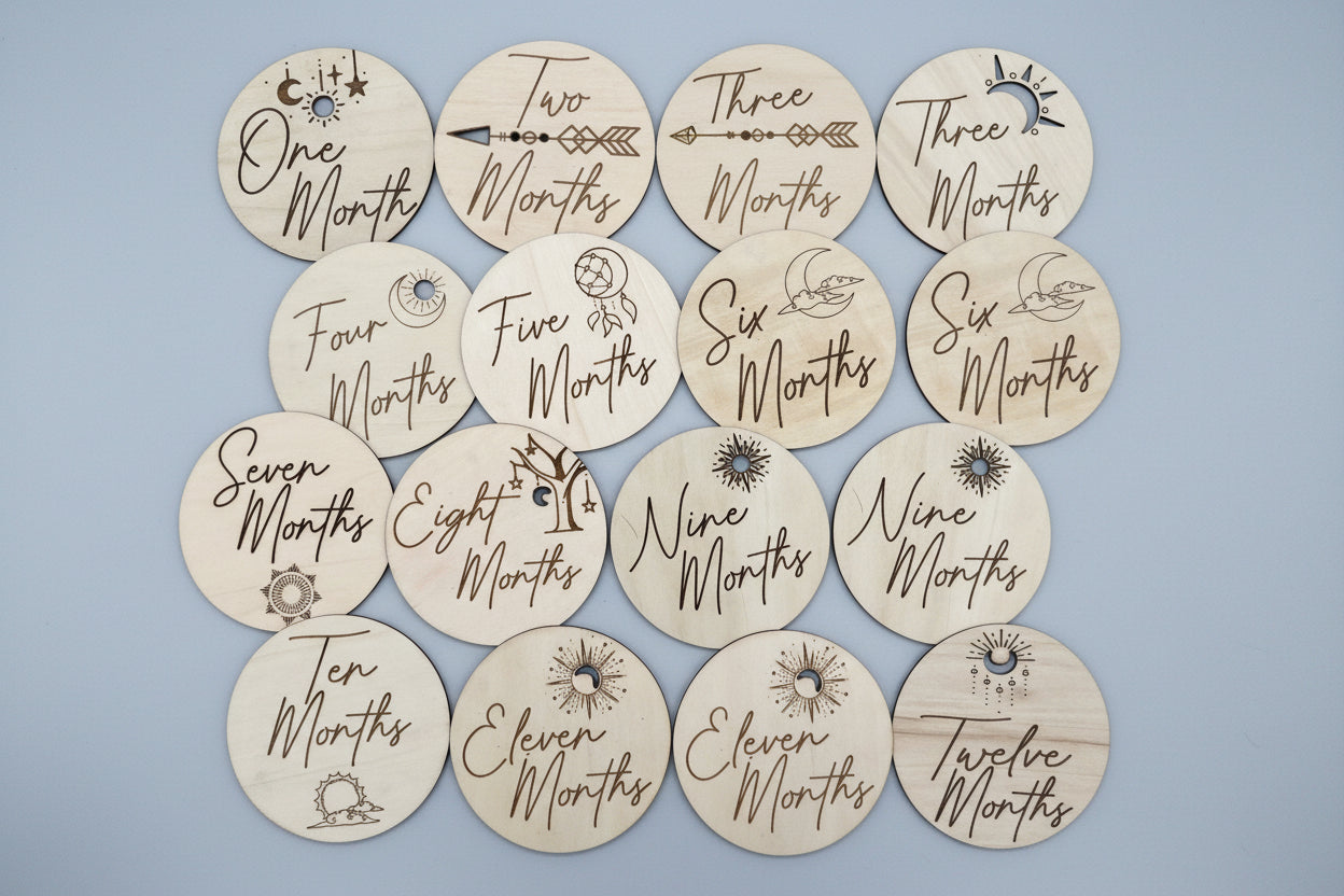 Boho Wooden Monthly Milestone Discs – Set of 12 | Baby First Year Photo Props