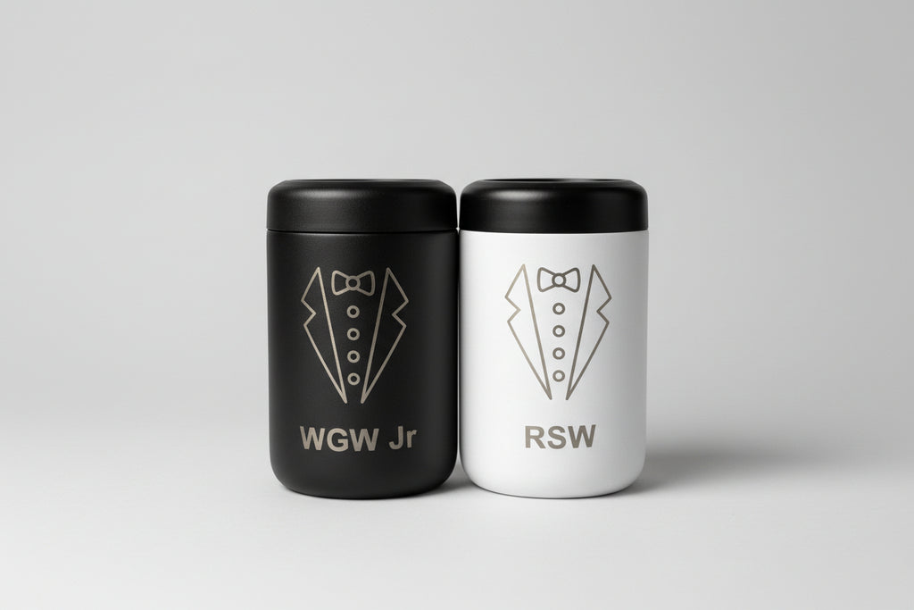 Personalized Groomsmen Stainless Steel Can Cooler – Custom Bow Tie Design