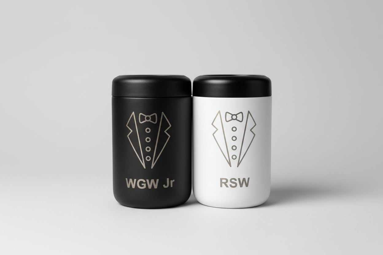 Personalized Groomsmen Stainless Steel Can Cooler – Custom Bow Tie Design