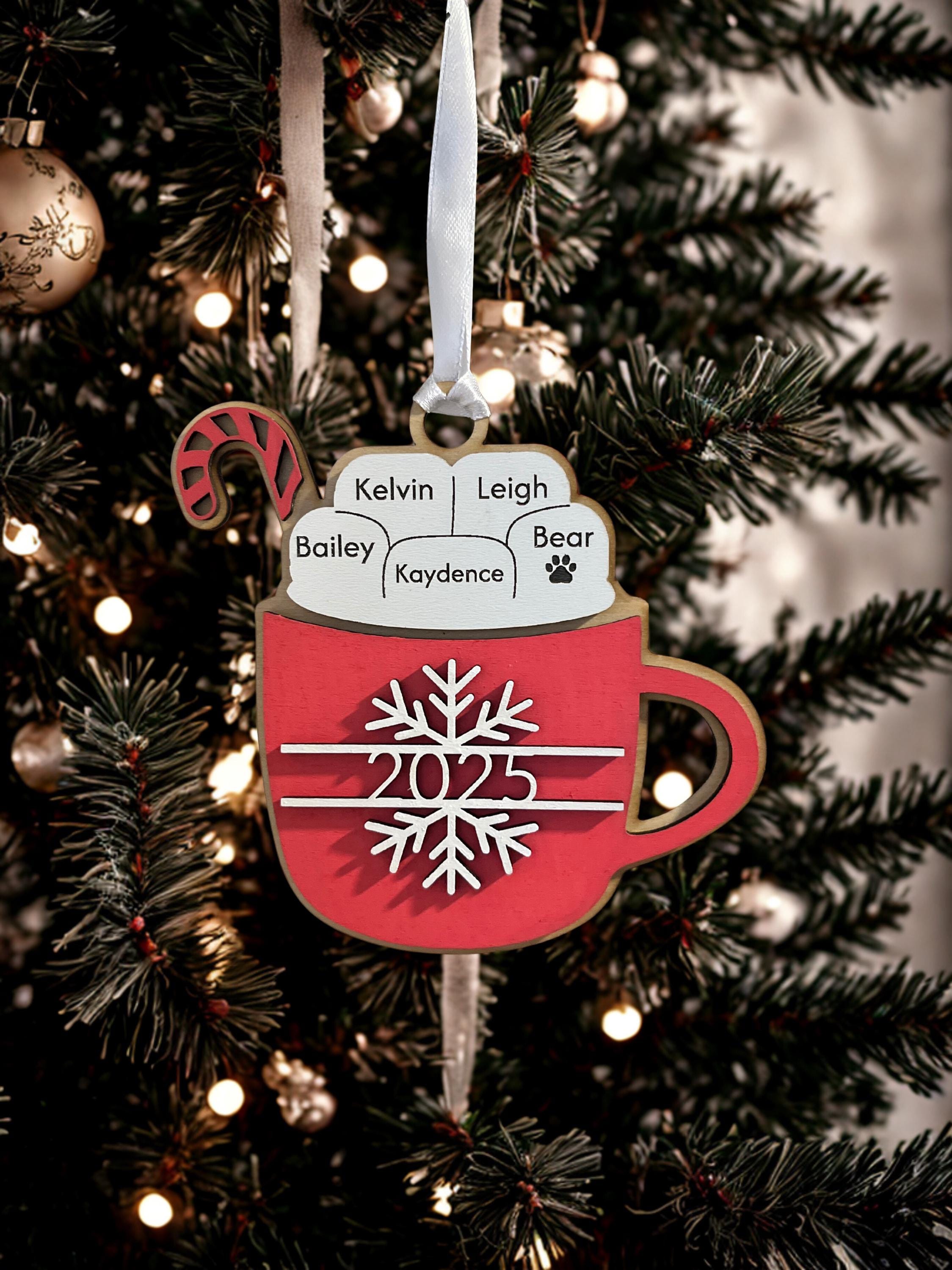 Personalized Family Hot Cocoa Wooden Ornament – Custom Names (Up to 9)