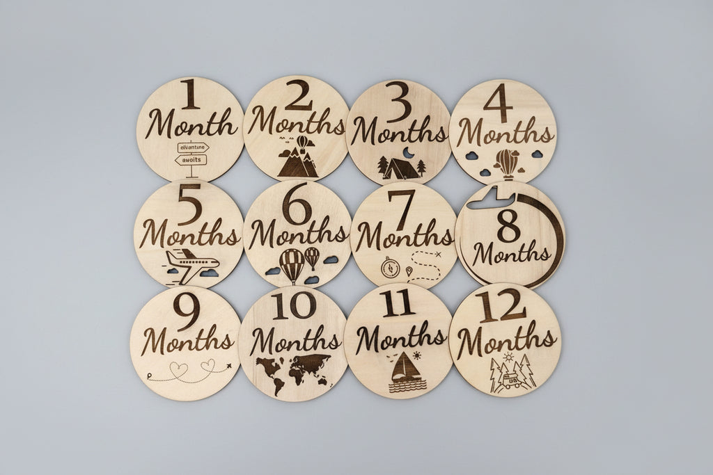 Wooden Baby Monthly Milestone Photo Props – Adventure Theme, 12 Pieces