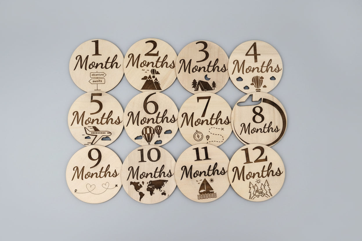Wooden Baby Monthly Milestone Photo Props – Adventure Theme, 12 Pieces