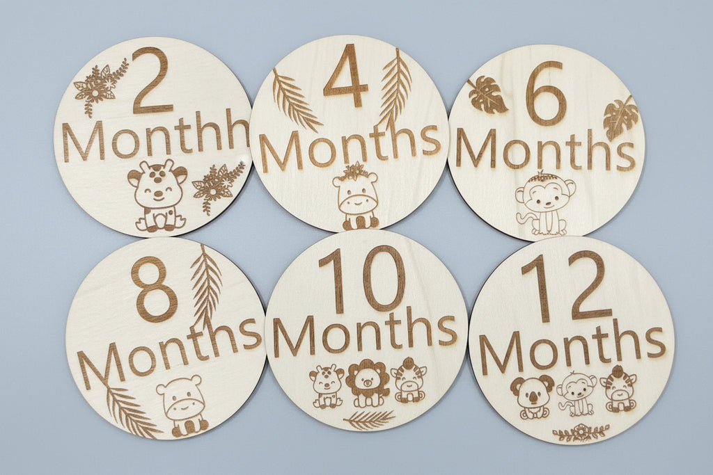 Safari Baby Monthly Milestone Wooden Rounds – First Year Set (6 Discs)