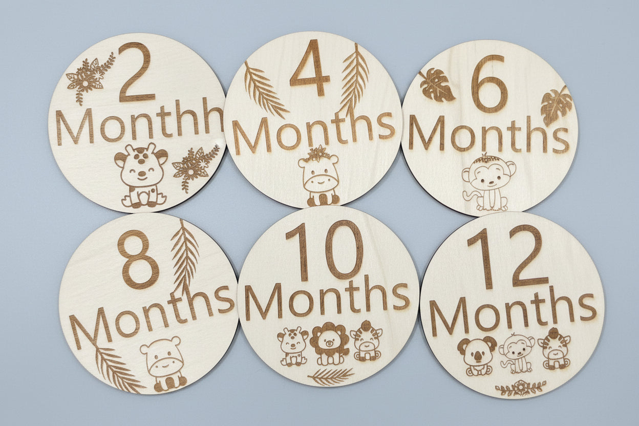Safari Baby Monthly Milestone Wooden Rounds – First Year Set (6 Discs)