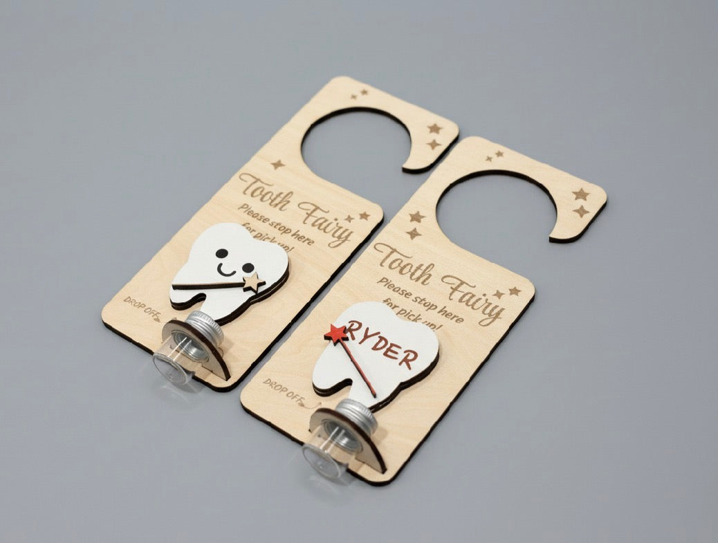 Personalized Wooden Tooth Fairy Door Hanger with Glass Jar | Laser Engraved Tooth Fairy Holder