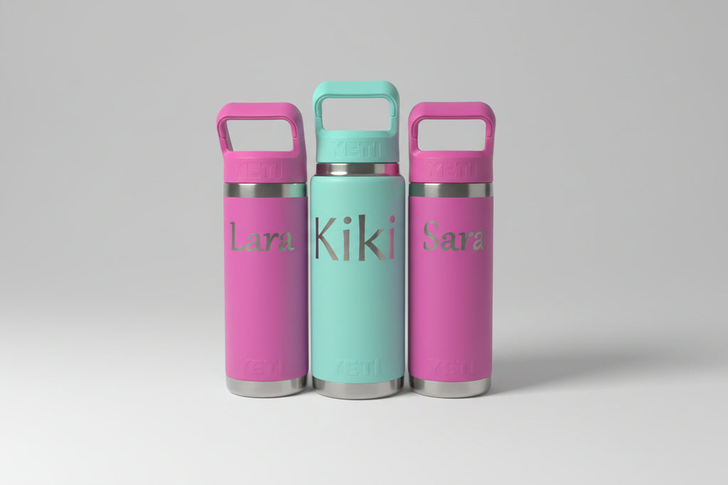 2 pink 18 oz Yeti's and 1 Turquoise 26oz Yeti