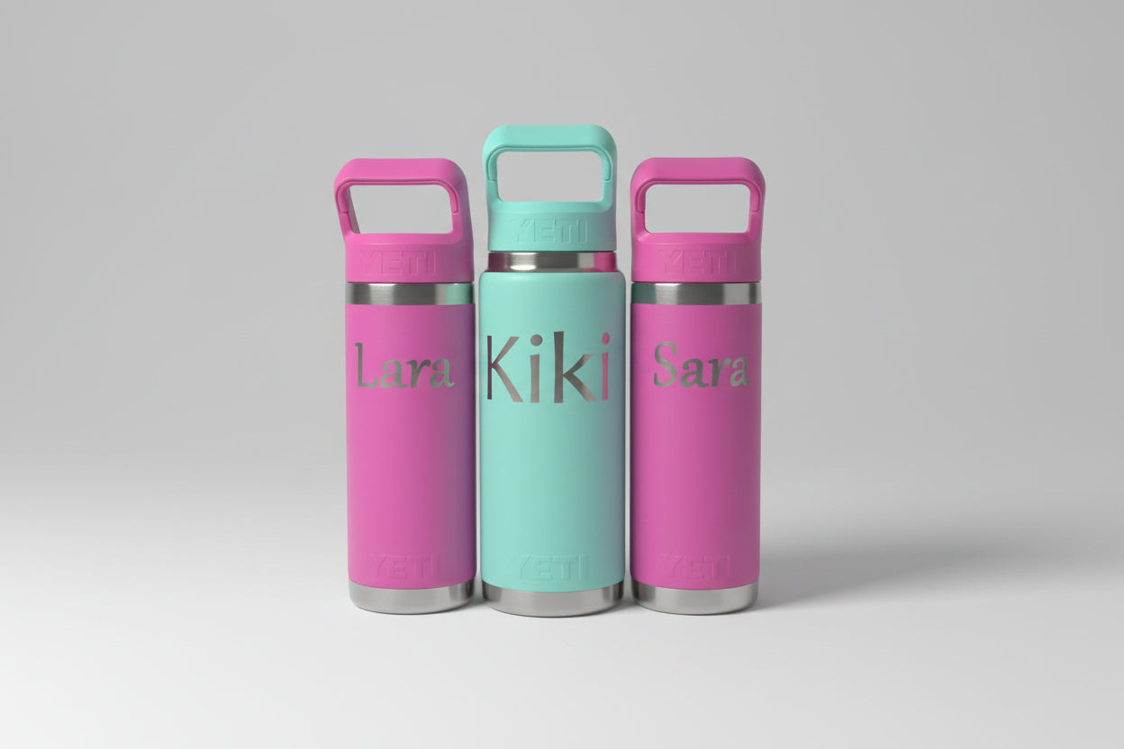 2 pink 18 oz Yeti's and 1 Turquoise 26oz Yeti