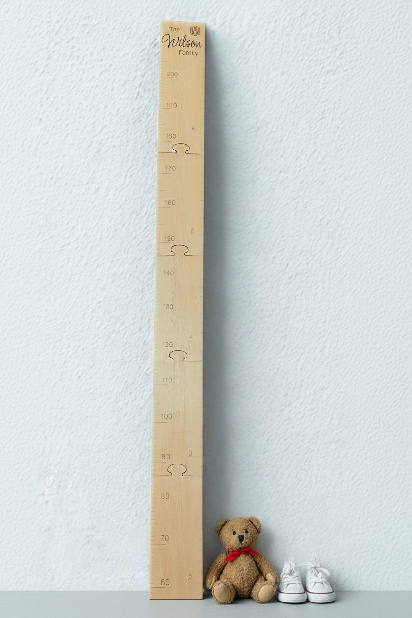 Personalized Wooden Growth Chart Height Ruler – Laser Engraved Family Name, Puzzle-Style Wall Height Chart in Inches & Centimeters