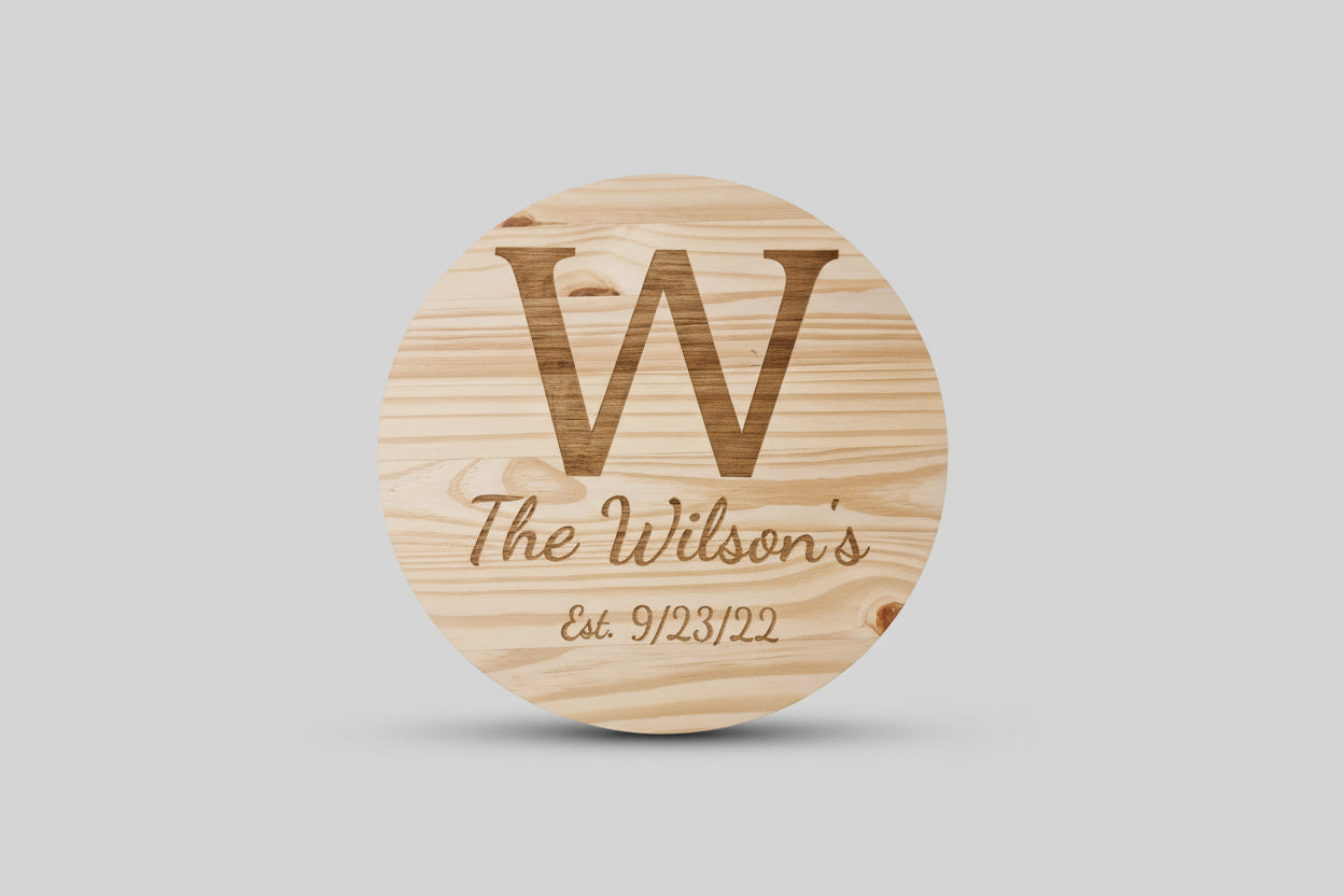 Personalized Wooden Family Name Sign – 17.75" Round Custom Laser Engraved