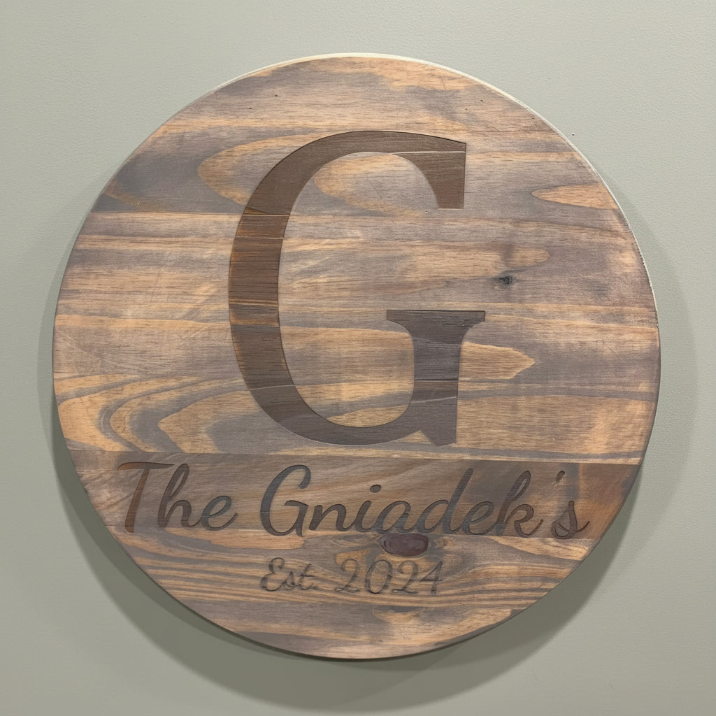 Personalized Wooden Family Name Sign – 17.75" Round Custom Laser Engraved