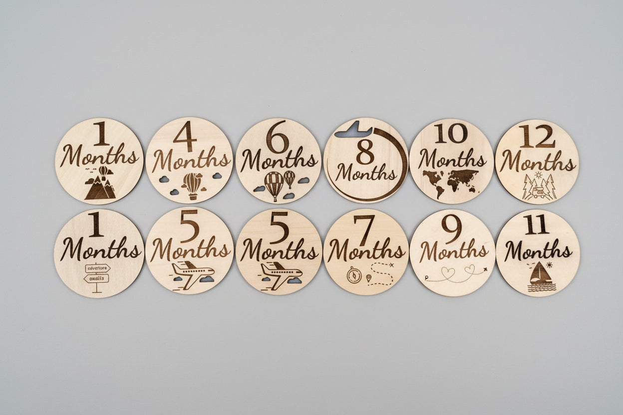 Wooden Baby Monthly Milestone Photo Props – Adventure Theme, 12 Pieces