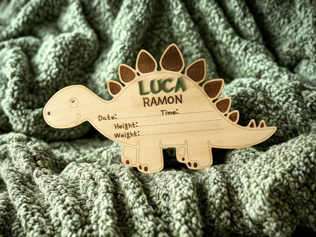 Personalized Dinosaur Wooden Birth Announcement – Custom Laser Engraved Name