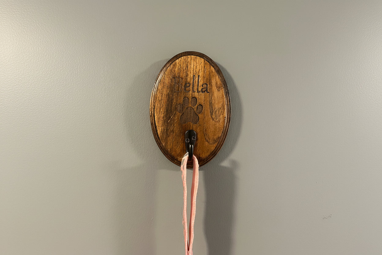 Personalized Dog Leash Hanger – 5” x 7” Wooden Plaque with Brushed Brass Hook