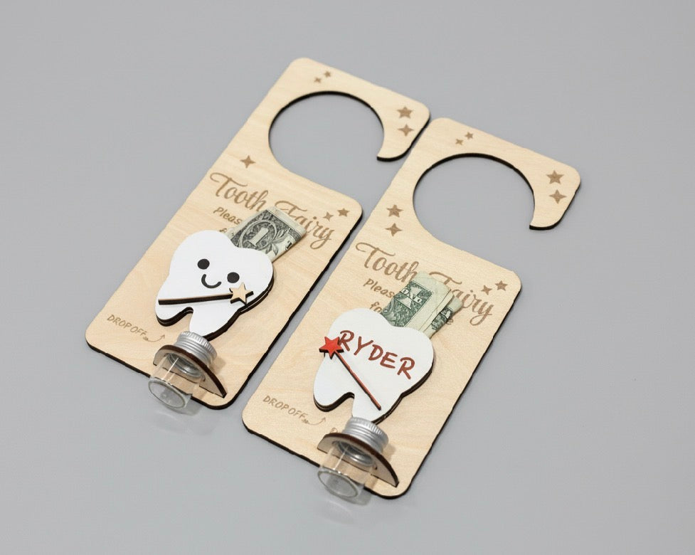Personalized Wooden Tooth Fairy Door Hanger with Glass Jar | Laser Engraved Tooth Fairy Holder