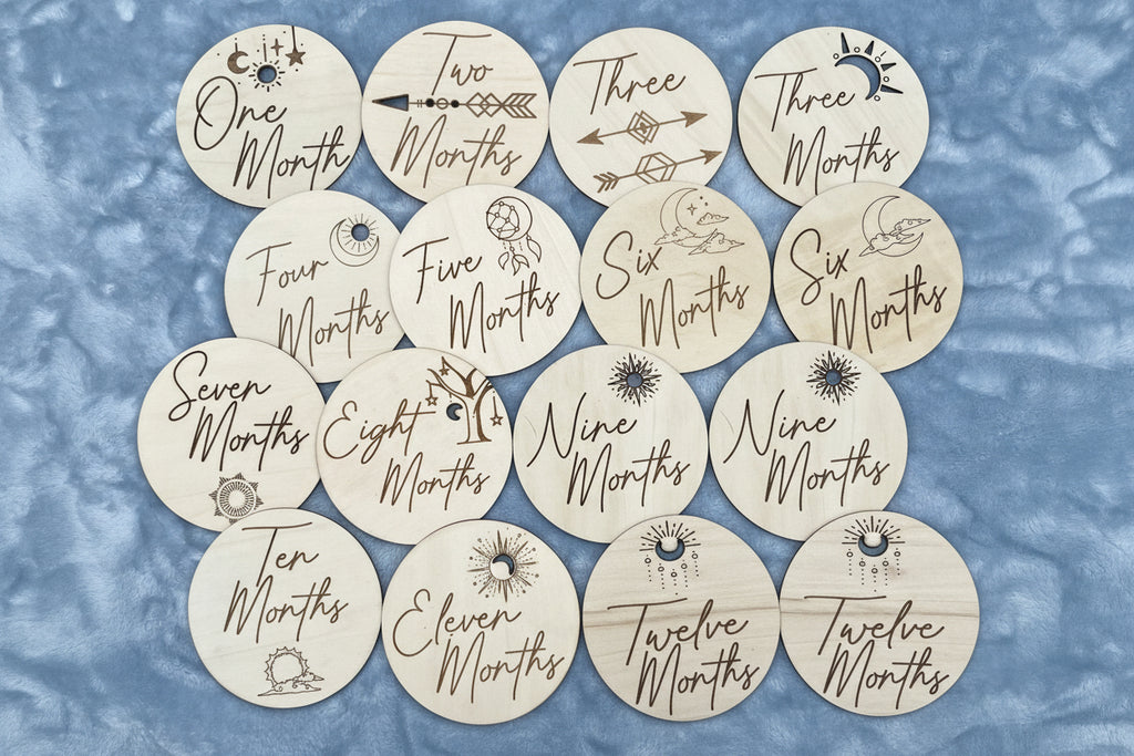 Boho Wooden Monthly Milestone Discs – Set of 12 | Baby First Year Photo Props