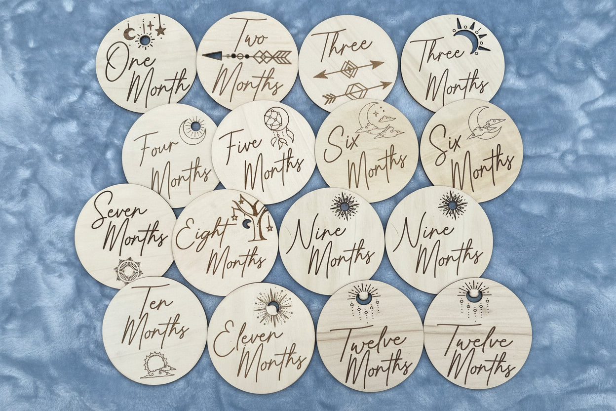 Boho Wooden Monthly Milestone Discs – Set of 12 | Baby First Year Photo Props