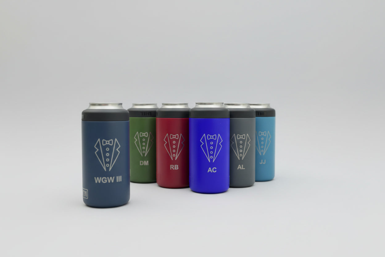 Personalized Groomsmen Stainless Steel Can Cooler – Custom Bow Tie Design