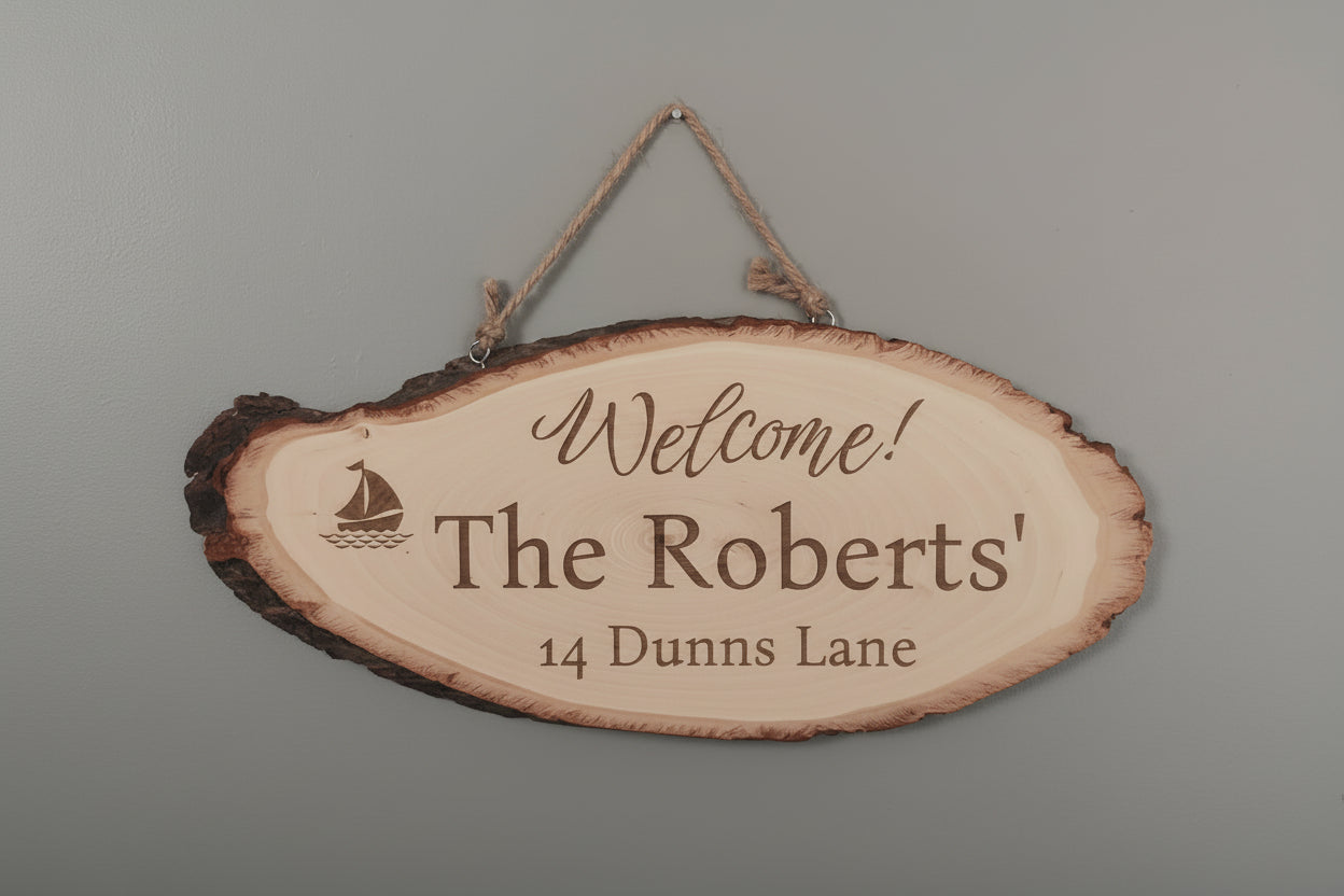 Laser Engraved Wooden Slab Door Hanger – Custom Sayings, Two Sizes Available