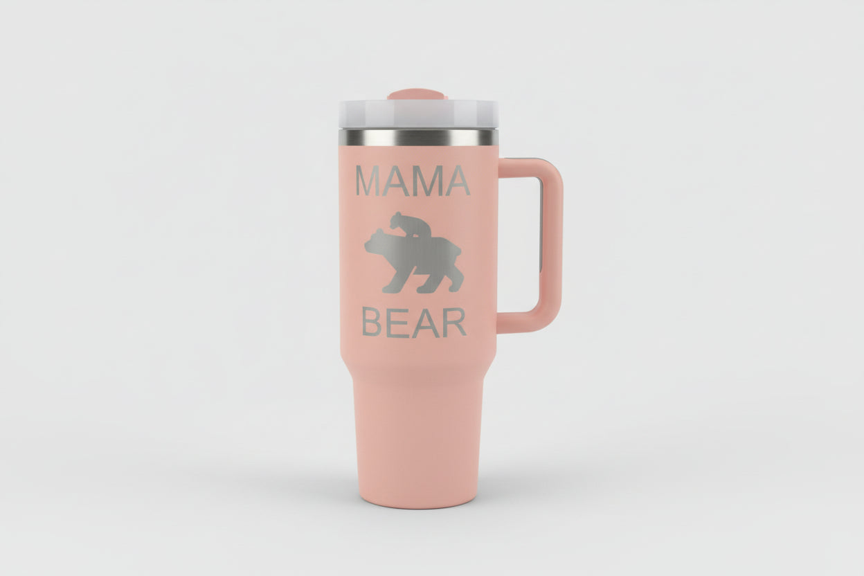 Mama Bear Stainless Steel Tumbler – Laser Engraved Bear & Cub Design