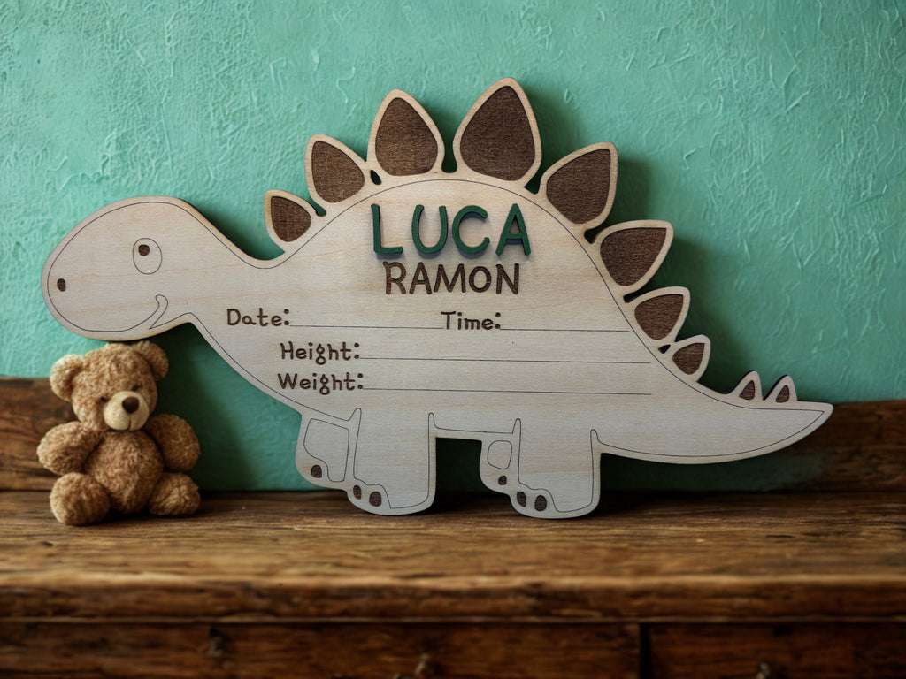 Personalized Dinosaur Wooden Birth Announcement – Custom Laser Engraved Name
