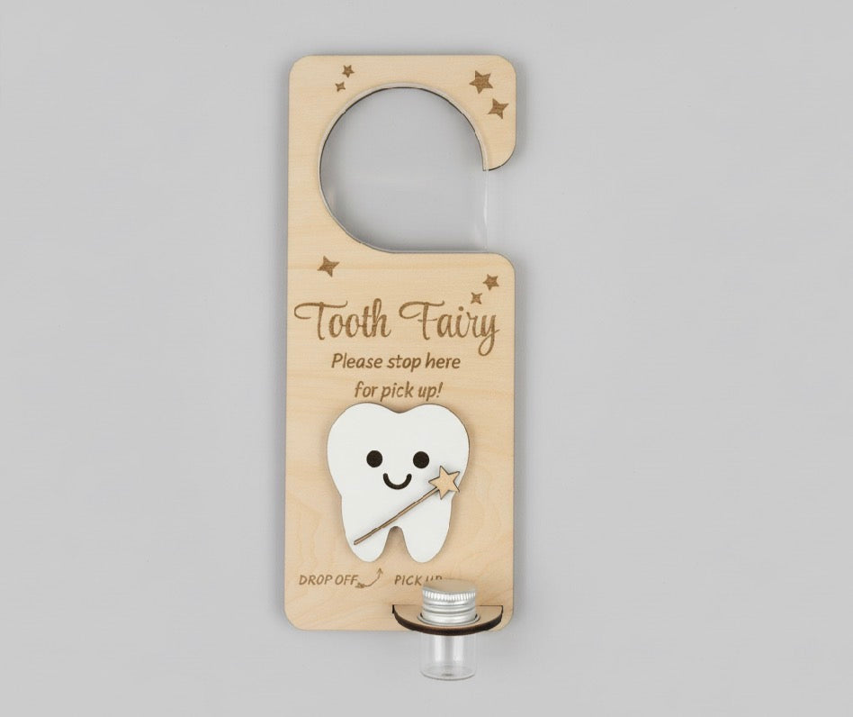 Personalized Wooden Tooth Fairy Door Hanger with Glass Jar | Laser Engraved Tooth Fairy Holder