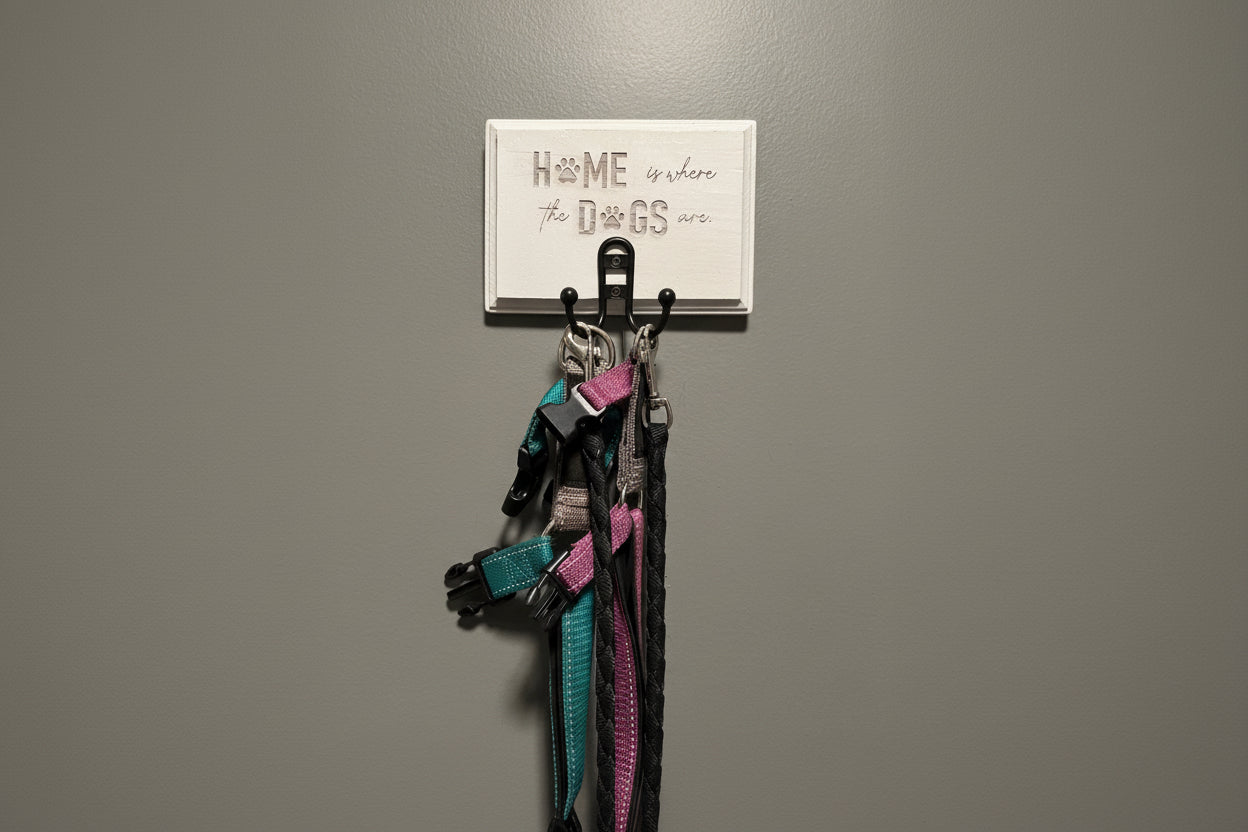 Personalized Dog Leash Hanger – 5” x 7” Wooden Plaque with Brushed Brass Hook