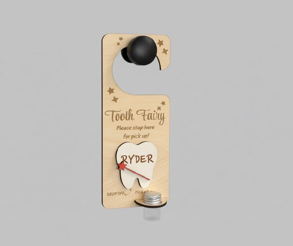 Personalized Wooden Tooth Fairy Door Hanger with Glass Jar | Laser Engraved Tooth Fairy Holder