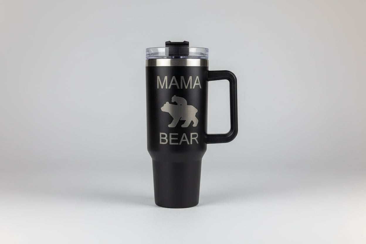 Mama Bear Stainless Steel Tumbler – Laser Engraved Bear & Cub Design