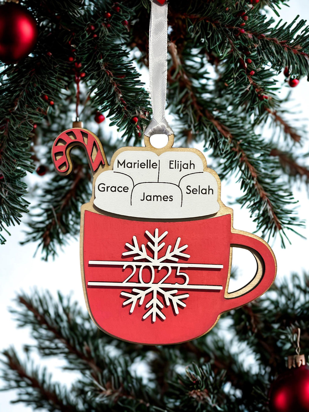 Personalized Family Hot Cocoa Wooden Ornament – Custom Names (Up to 9)