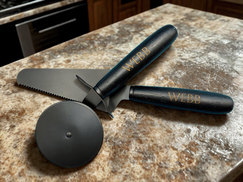 Personalized Black Stainless Steel Pizza Cutter & Serving Spatula Set