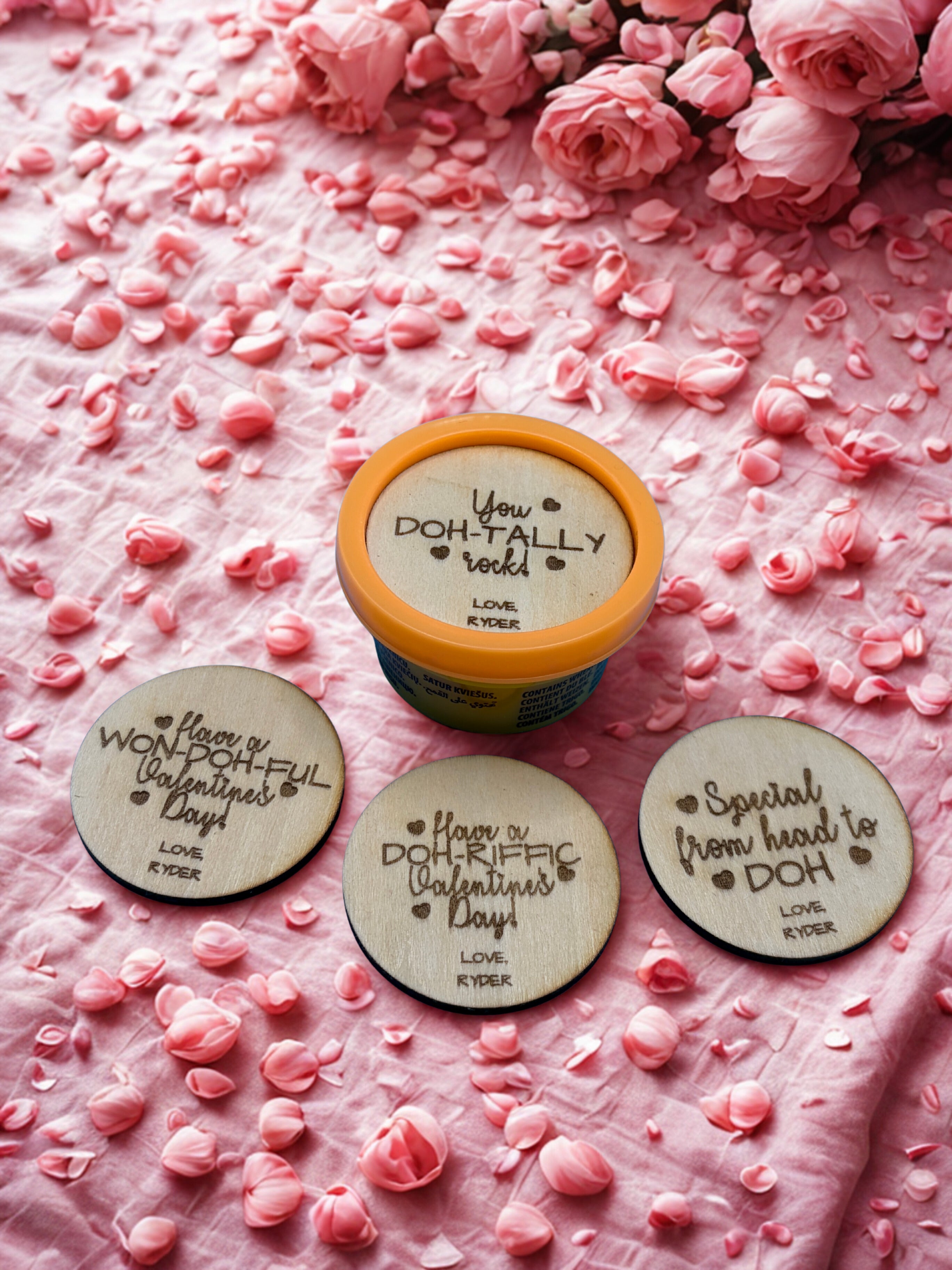 Mini Wooden Play-Doh Toppers – Laser Engraved Valentine Designs
