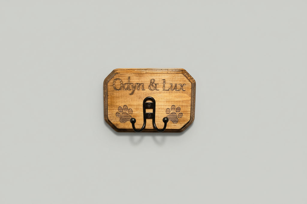 Personalized Dog Leash Hanger – 5” x 7” Wooden Plaque with Brushed Brass Hook