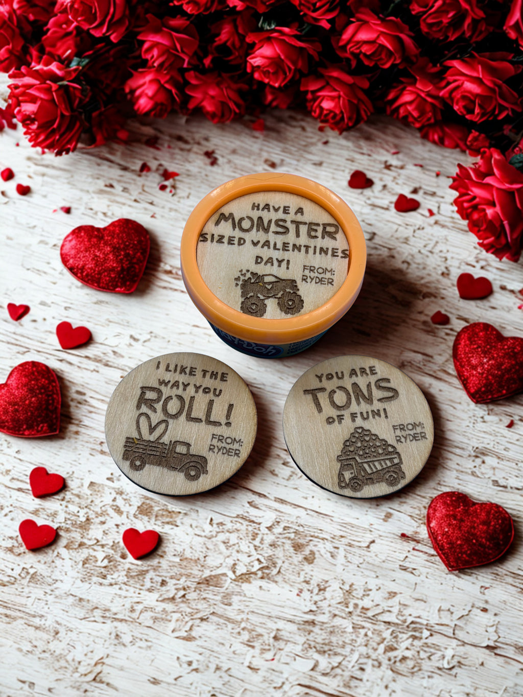 Mini Wooden Play-Doh Toppers – Laser Engraved Valentine Designs