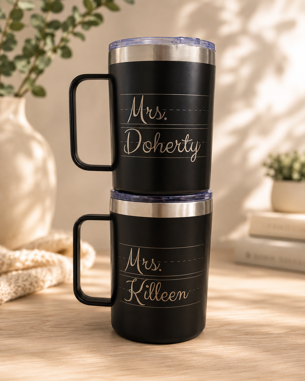 Personalized Engraved 14oz Stainless Steel Travel Mug with Handle | Custom Teacher Gift Coffee Tumbler