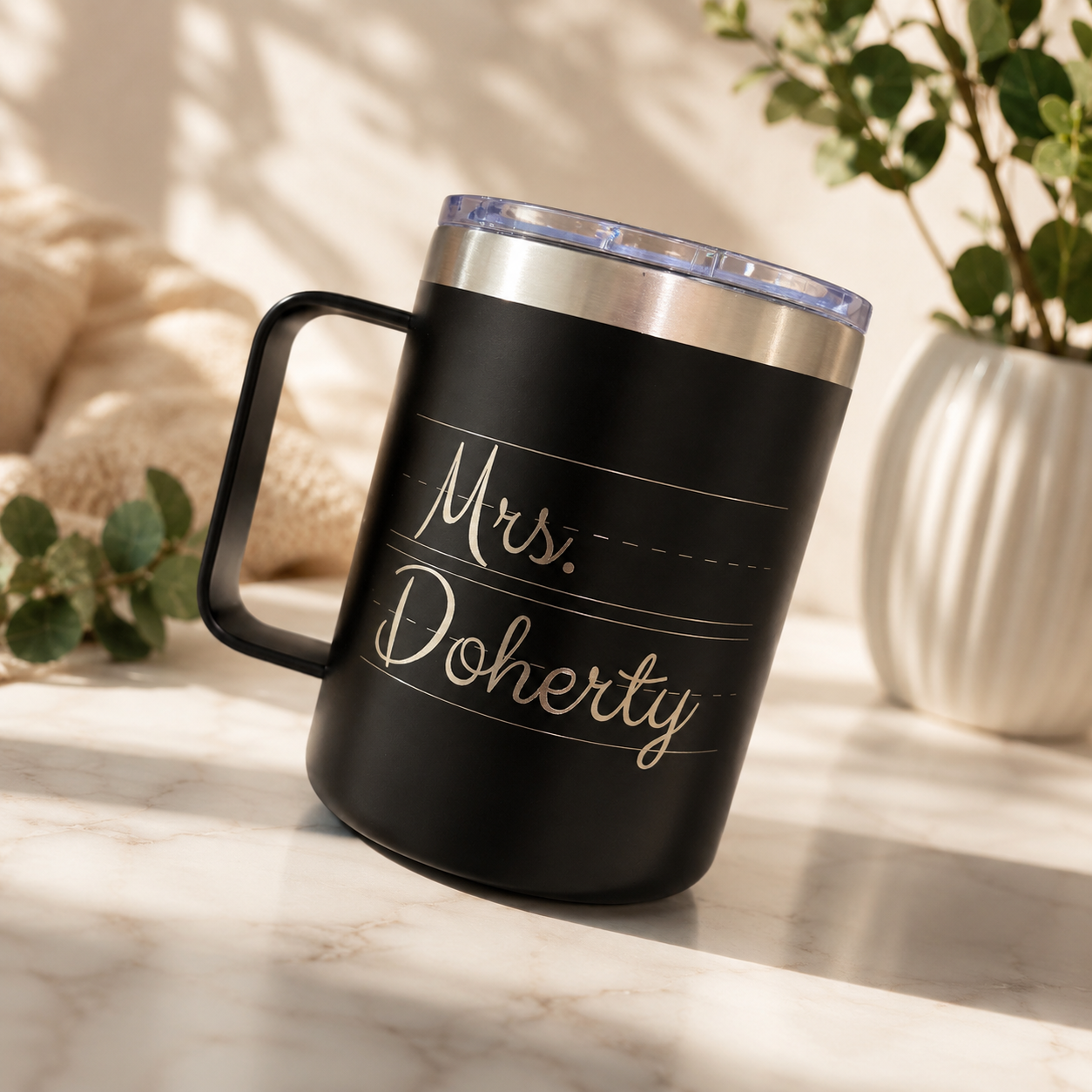 Personalized Engraved 14oz Stainless Steel Travel Mug with Handle | Custom Teacher Gift Coffee Tumbler