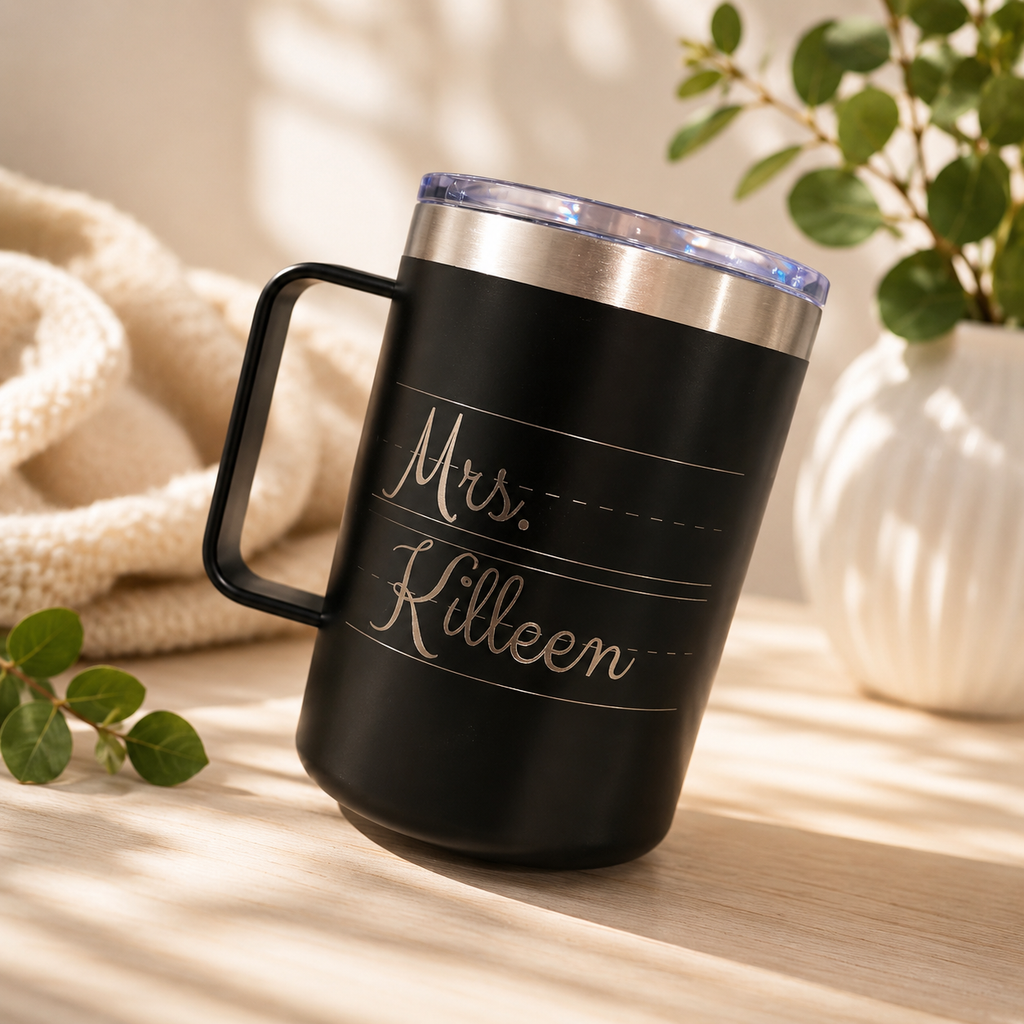 Personalized Engraved 14oz Stainless Steel Travel Mug with Handle | Custom Teacher Gift Coffee Tumbler