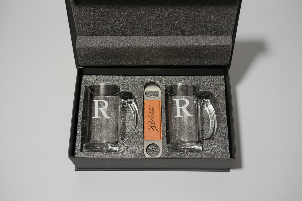 Personalized Beer Gift Set – Laser Engraved Leather Box, Custom Beer Glasses & Bottle Opener – Groomsmen, Wedding & Father’s Day Gift