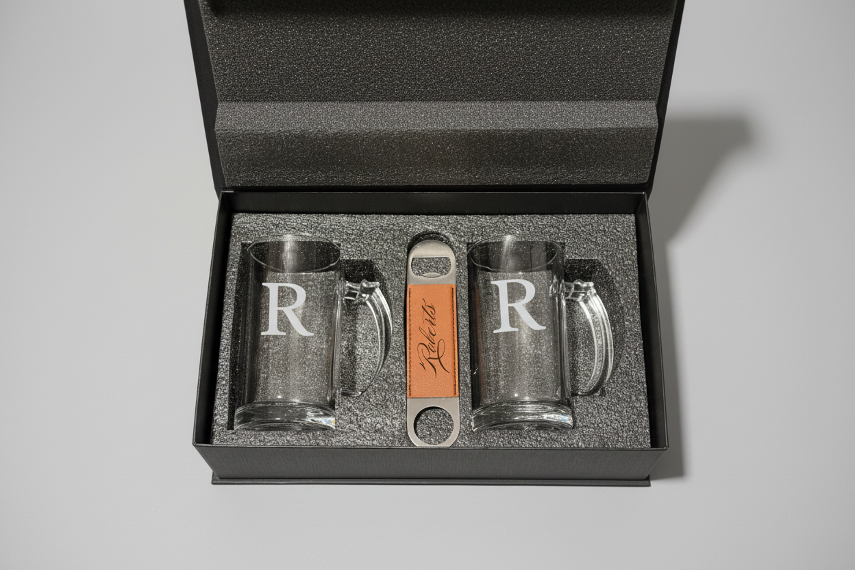 Personalized Beer Gift Set – Laser Engraved Leather Box, Custom Beer Glasses & Bottle Opener – Groomsmen, Wedding & Father’s Day Gift