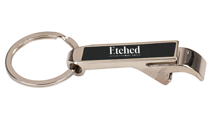 Custom Laser Engraved Metal Bottle Opener Keychain – Black & Silver Personalized Design