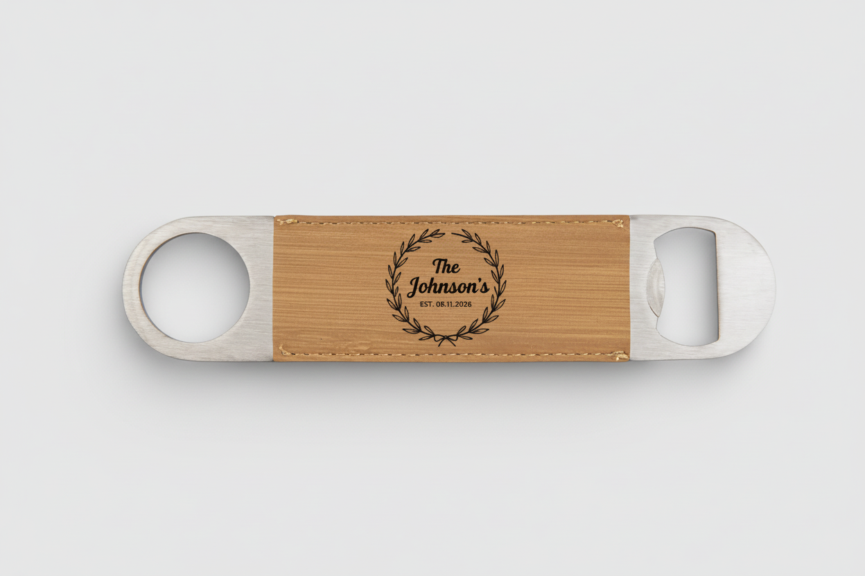 Custom Laser Engraved Metal & Leather Bottle Opener – Personalized Logo or Name