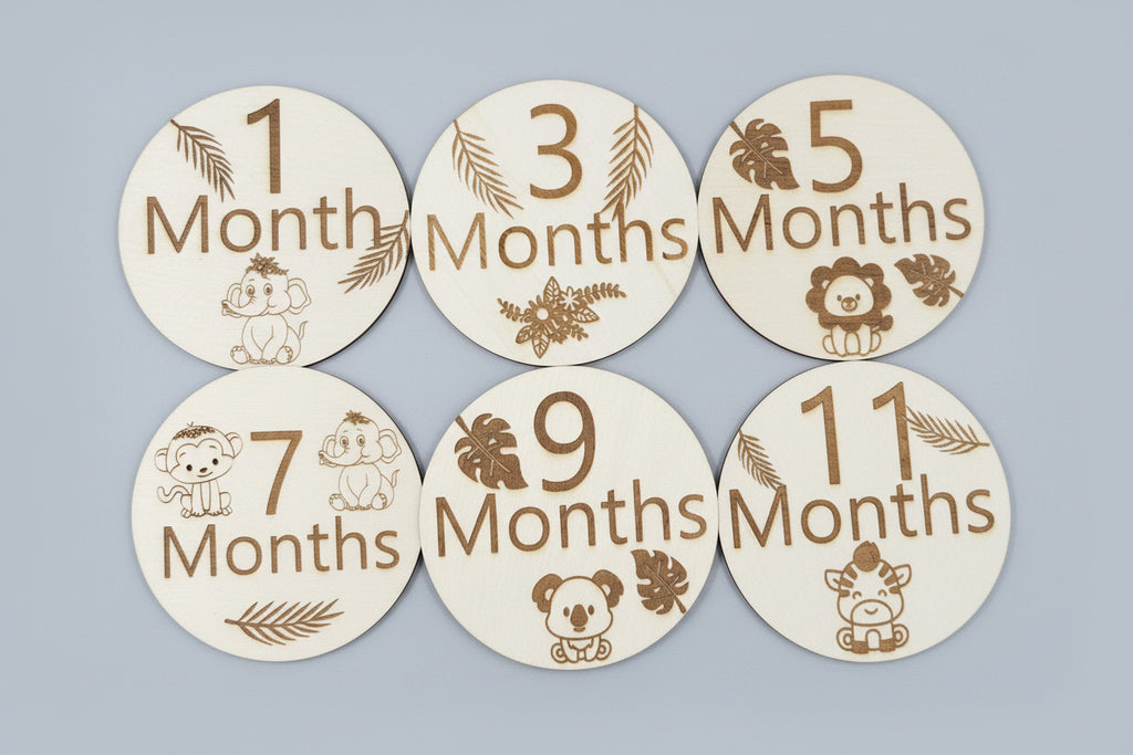 Safari Baby Monthly Milestone Wooden Rounds – First Year Set (6 Discs)