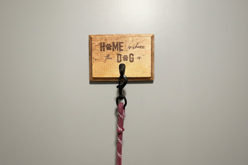 Personalized Dog Leash Hanger – 5” x 7” Wooden Plaque with Brushed Brass Hook