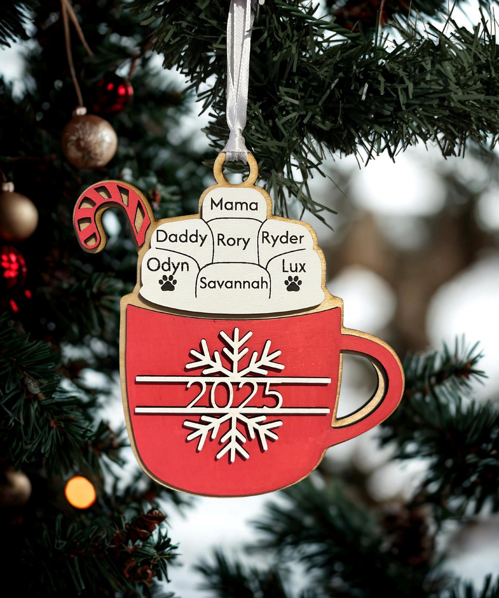 Personalized Family Hot Cocoa Wooden Ornament – Custom Names (Up to 9)