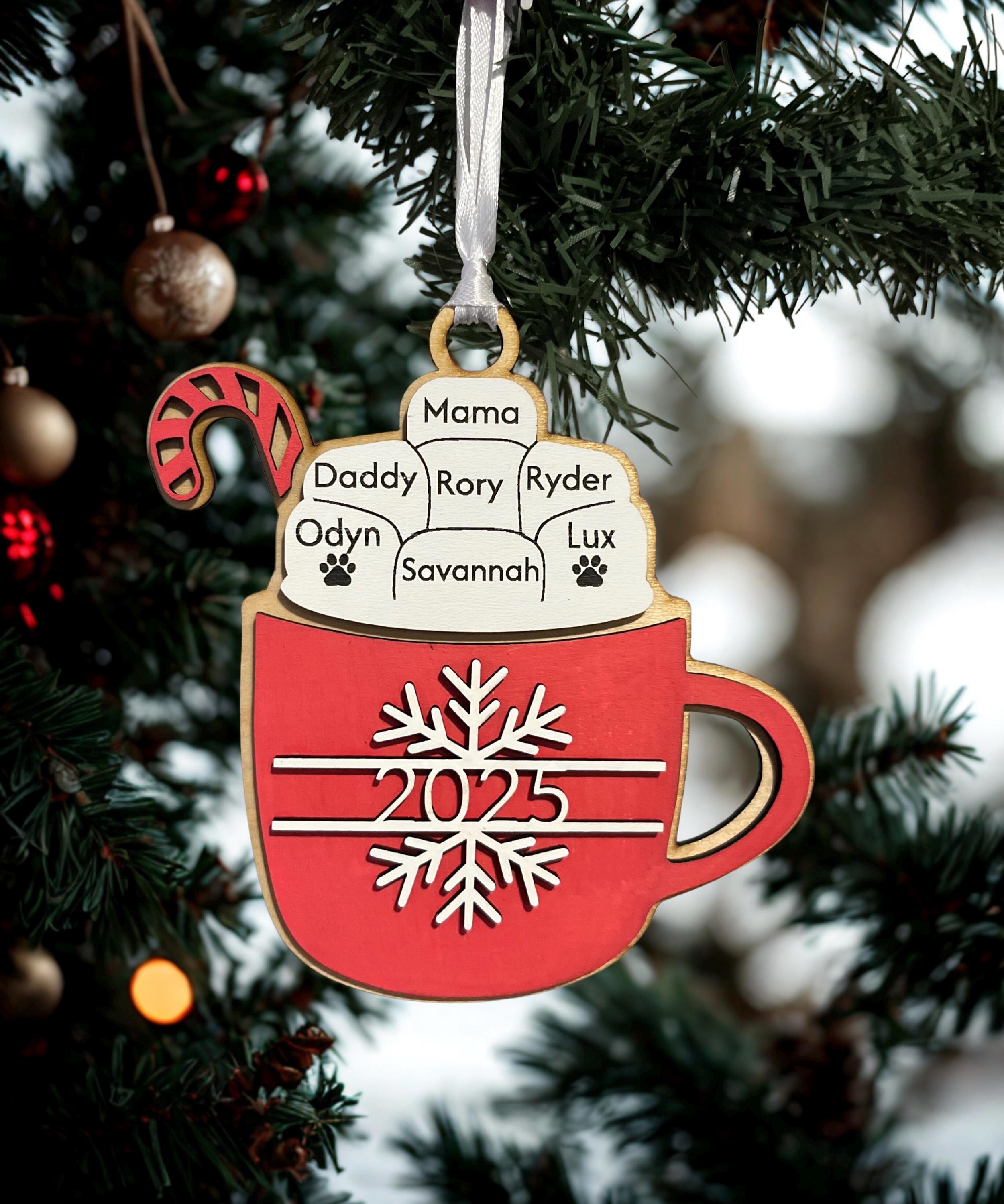 Personalized Family Hot Cocoa Wooden Ornament – Custom Names (Up to 9)