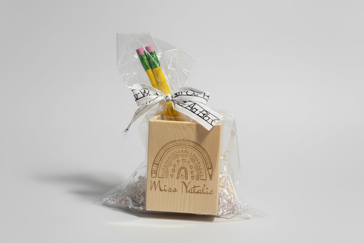 Personalized Wooden Pencil Holder Gift Set with Engraved Jumbo Pencils – Custom Teacher or Student Gift – Back to School Rainbow, Crayon or Floral Design