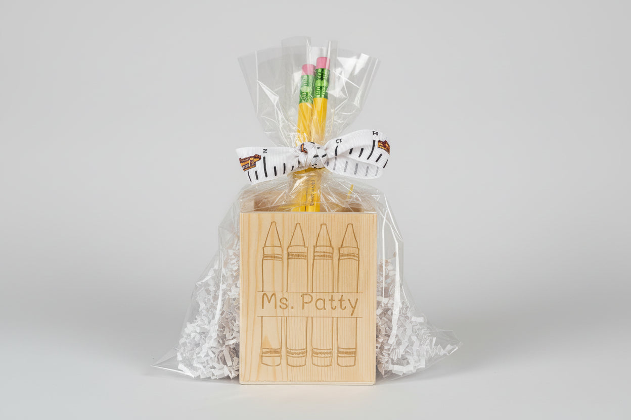 Personalized Wooden Pencil Holder Gift Set with Engraved Jumbo Pencils – Custom Teacher or Student Gift – Back to School Rainbow, Crayon or Floral Design