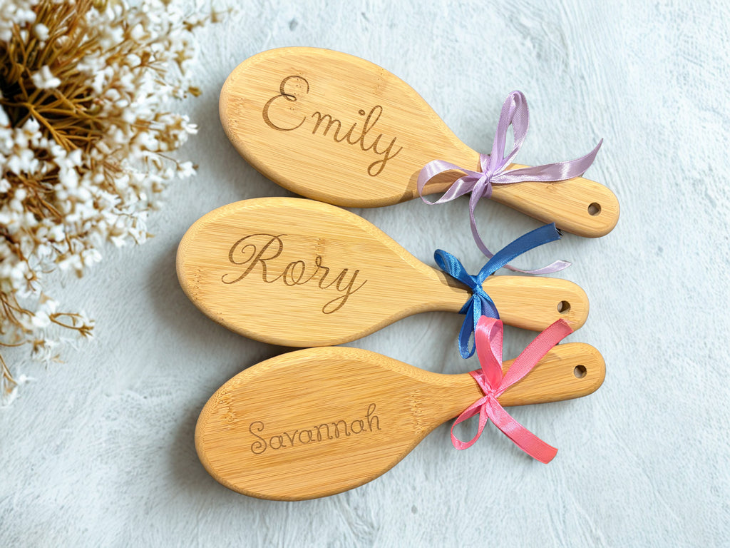 Personalized Bamboo Paddle Hair Brush – Laser Engraved Name