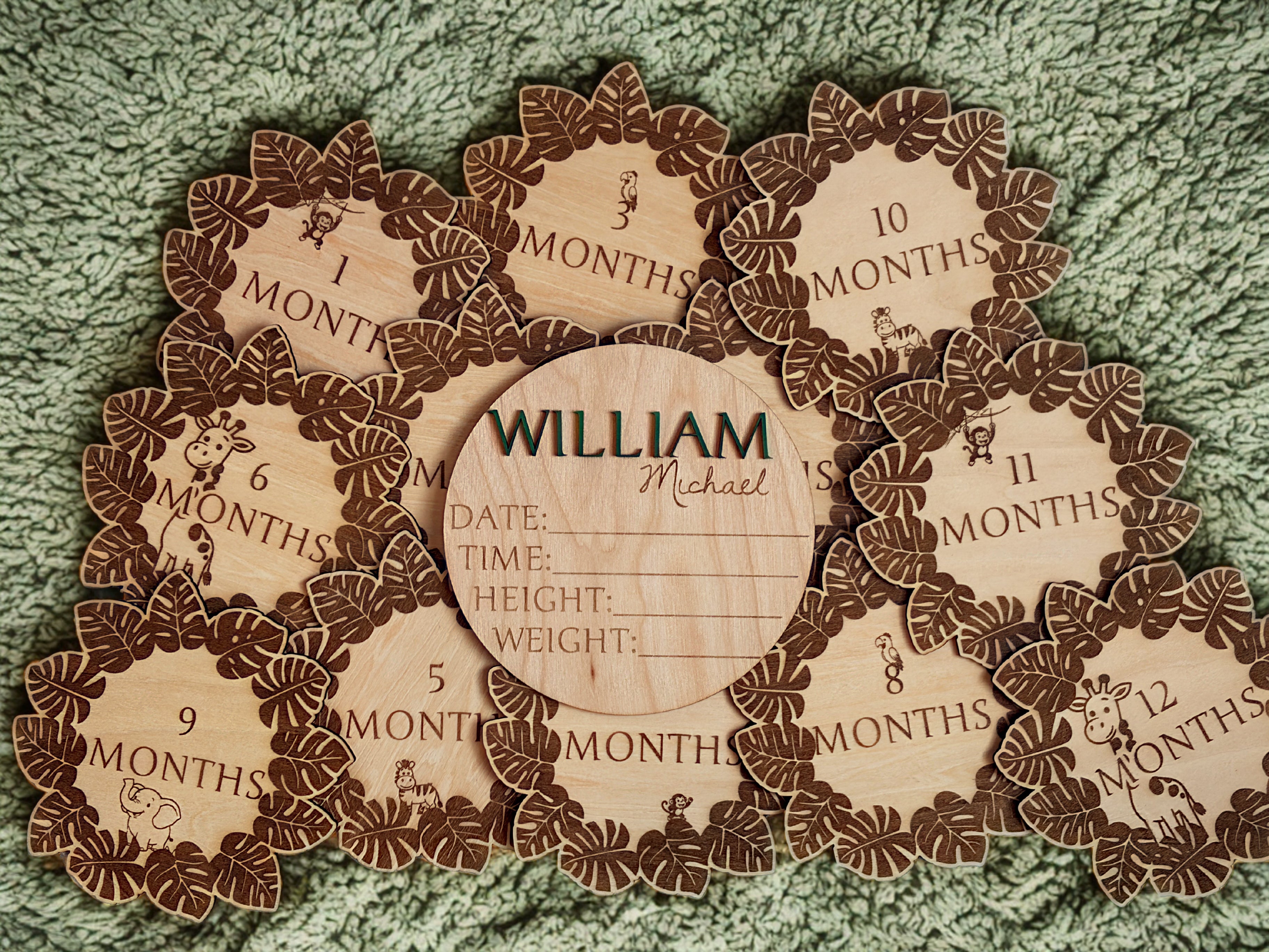 Jungle Animal Wooden Monthly Milestone Set – Baby First Year Photo Props | Laser Engraved | Set of 12